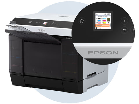 Epson SureLab D-Series features a 1.44″ LCD screen, built-in wireless connectivity, and an integrated output tray